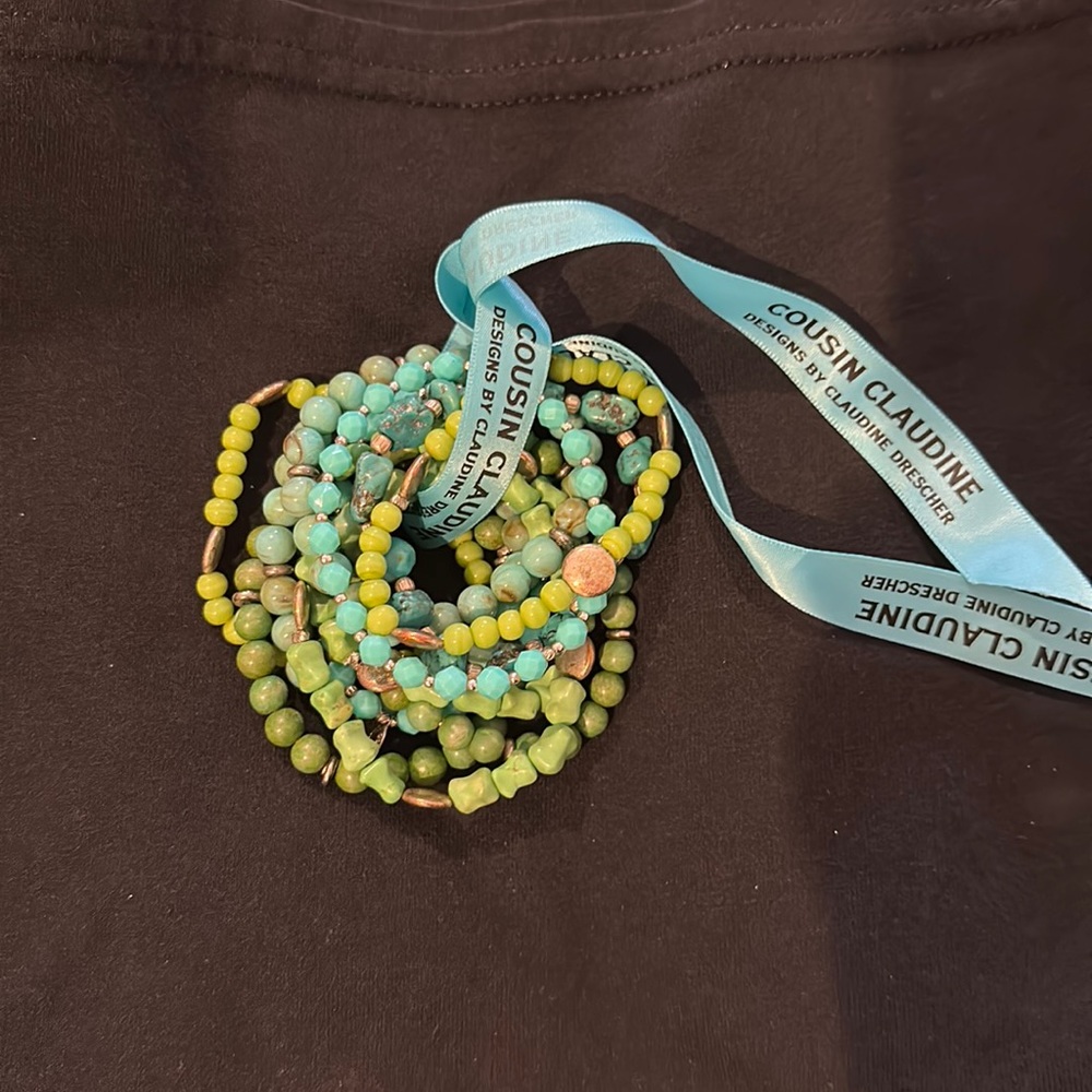 Cousin Claudine green and blue beaded bracelet set.  11 pieces.